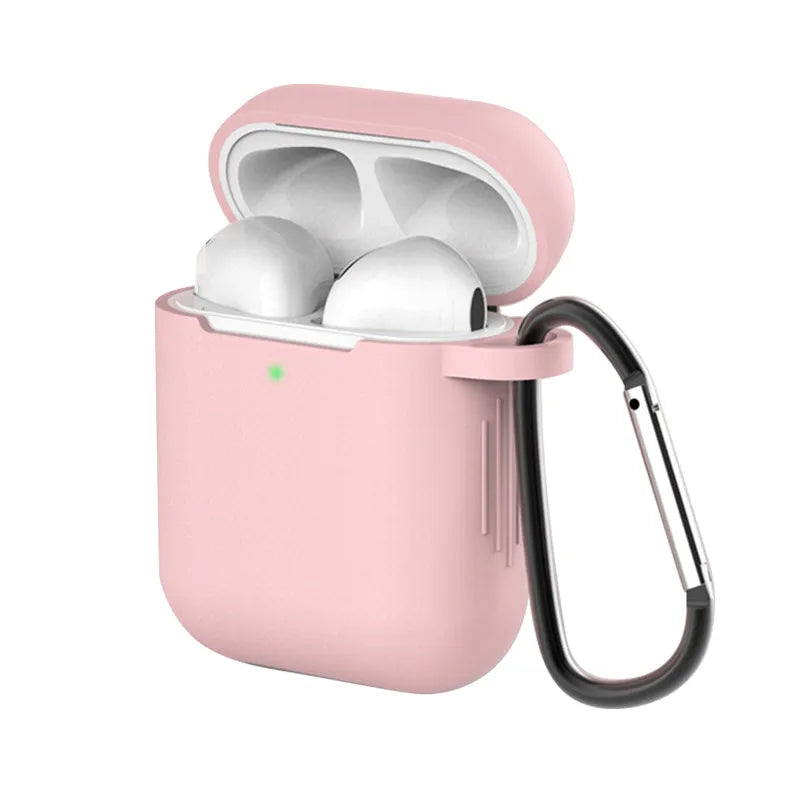 Liquid silicone clamshell cover for Apple AirPods showing colour options including black, blue, purple, green, and yellow