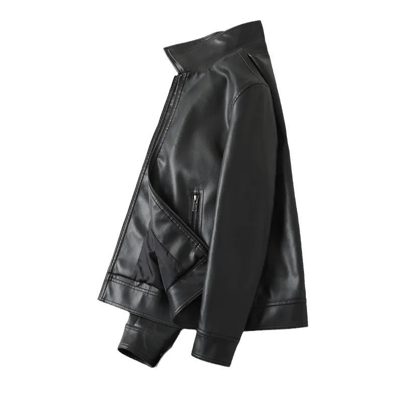 Men's black PU leather casual jacket with zipper pockets shown on a model.