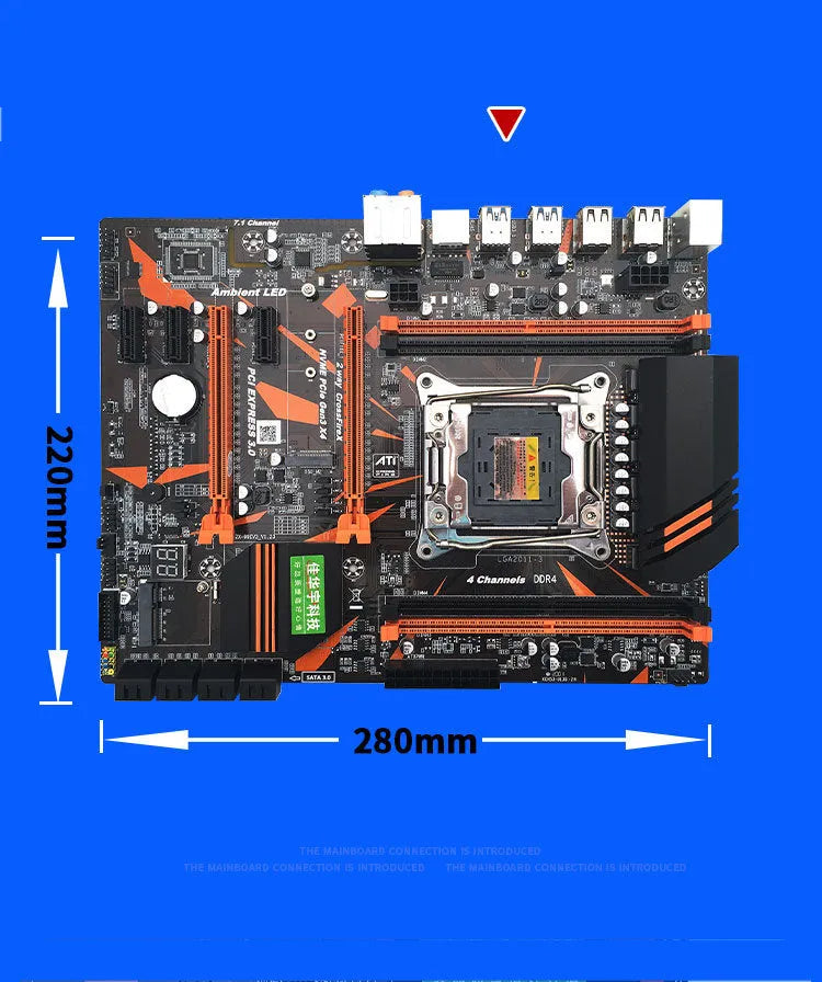 Black X99 chipset computer motherboard with LGA2011-3 CPU socket and four DDR4 memory slots.