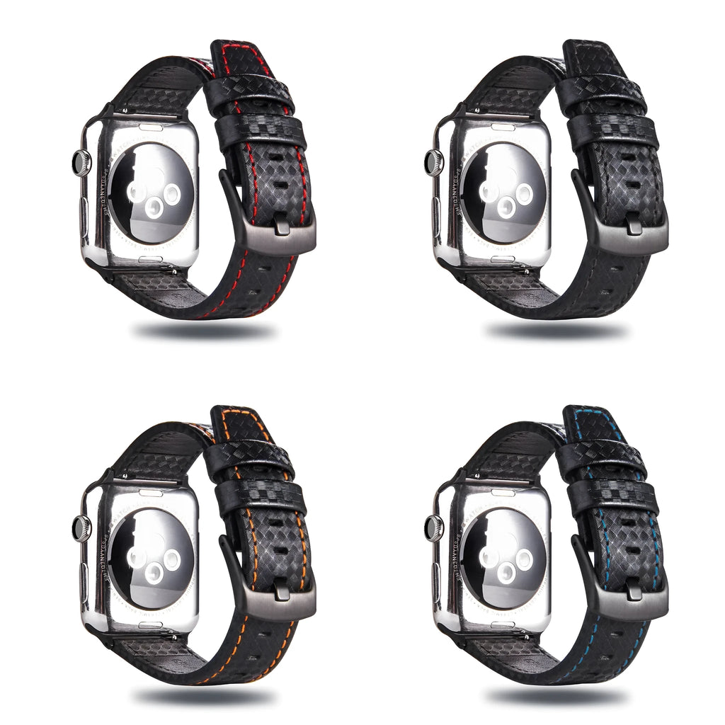 Leather Apple Watch strap with carbon fibre pattern in black, blue, orange, or red colours for 38mm 40mm or 42mm 44mm cases.
