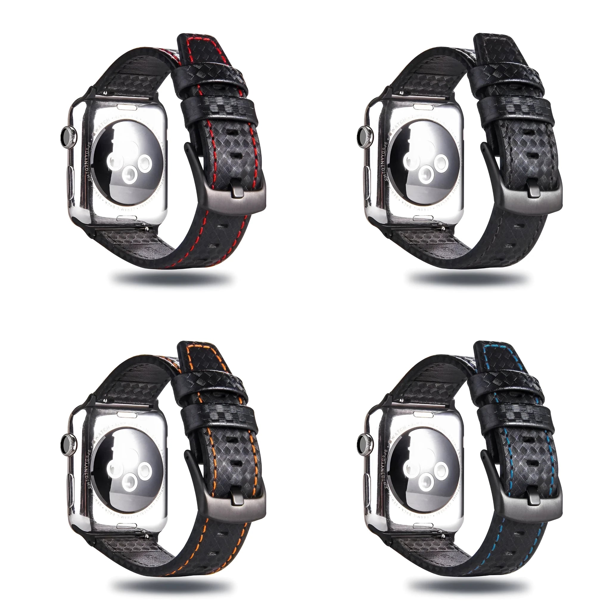 Leather Apple Watch strap with carbon fibre pattern in black, blue, orange, or red colours for 38mm 40mm or 42mm 44mm cases.