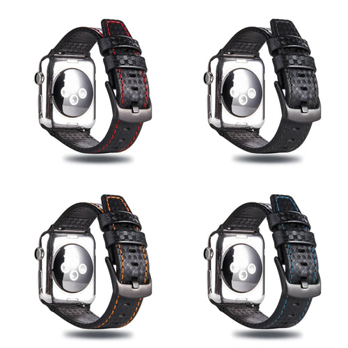 Leather Apple Watch strap with carbon fibre pattern in black, blue, orange, or red colours for 38mm 40mm or 42mm 44mm cases.