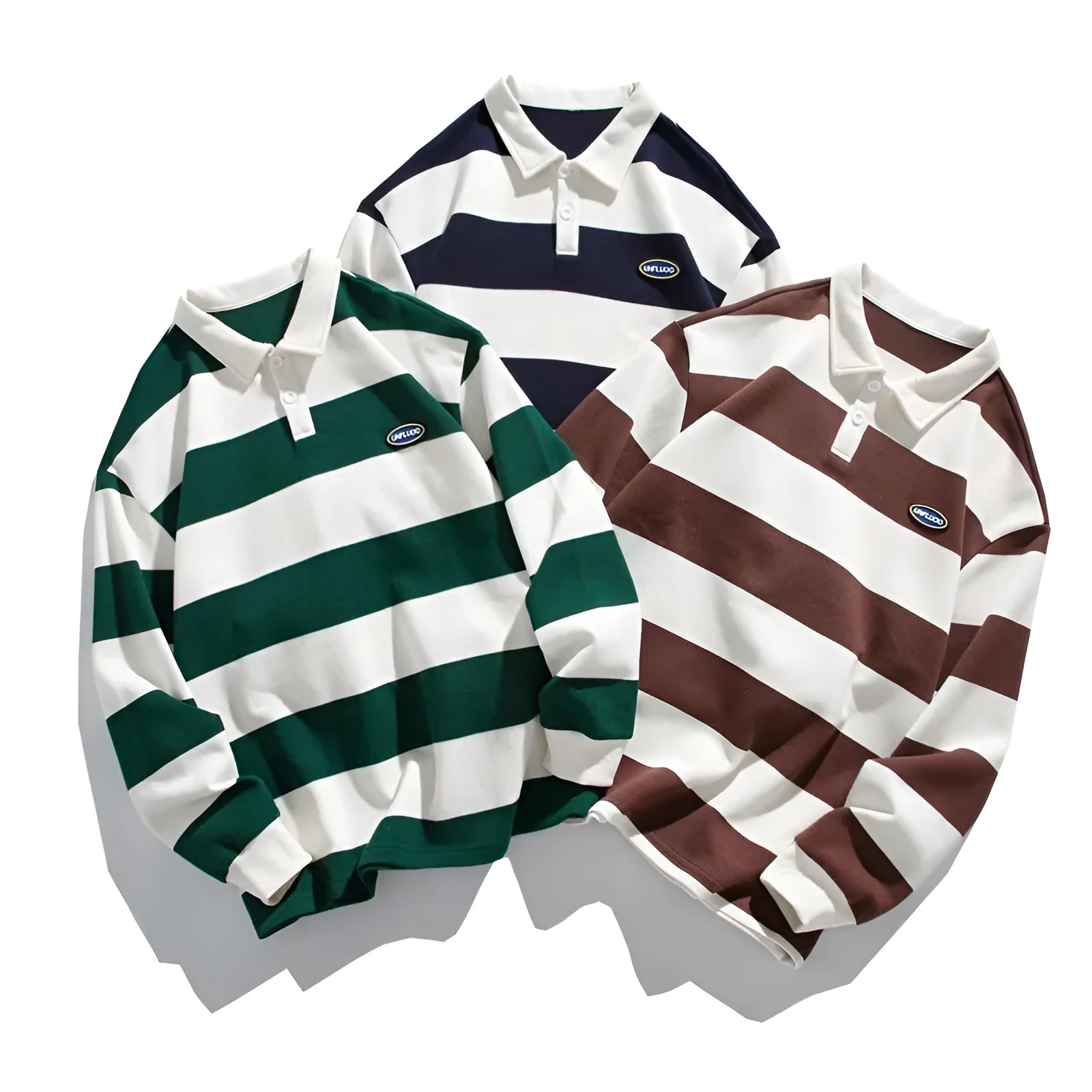 A loose-fit, long-sleeved pearl cotton polo shirt in sapphire blue, wheat green, or coffee colour.