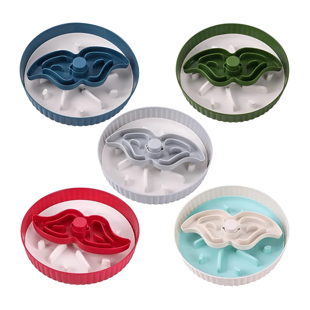 Pet slow feeder bowl with rotating game board and silicone lick pad in selected colour