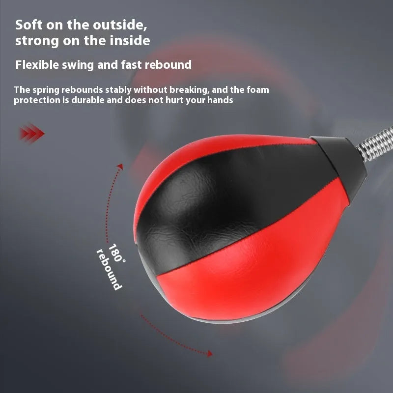 Pear-shaped inflatable boxing ball with red and black colour scheme mounted via double suction cups