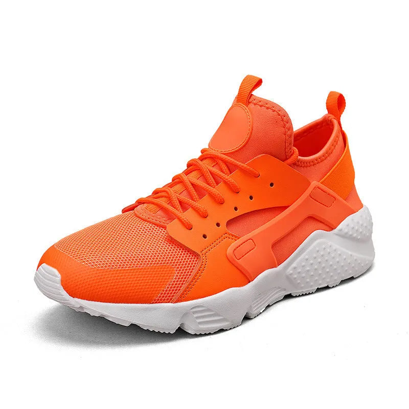 Men's low top lace-up casual trainers in fluorescent red with cross shoulder straps and mesh upper