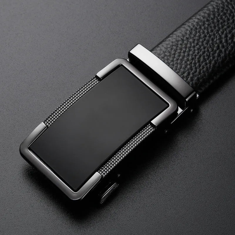 Men's leather belt with an automatic metal buckle in gold, gun black, and silver colours.
