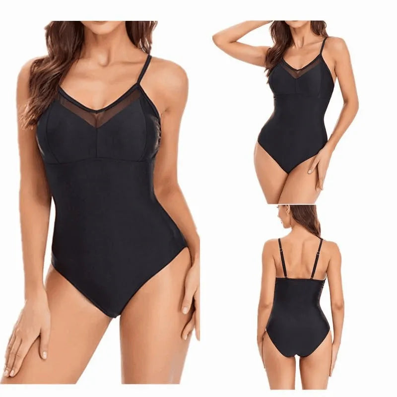 Ladies black or blue solid color one-piece swimsuit with mesh fabric and backless design