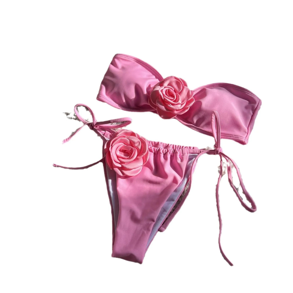 Women's solid colour tube top swimsuit with drawstring straps and split briefs in polyester fabric
