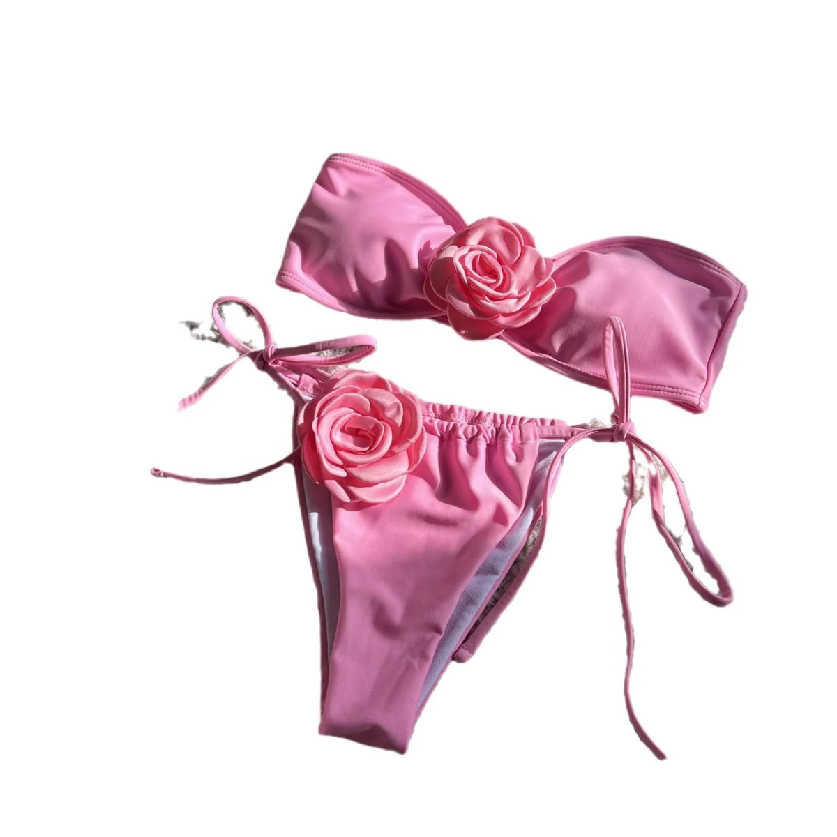 Women's solid colour tube top swimsuit with drawstring straps and split briefs in polyester fabric