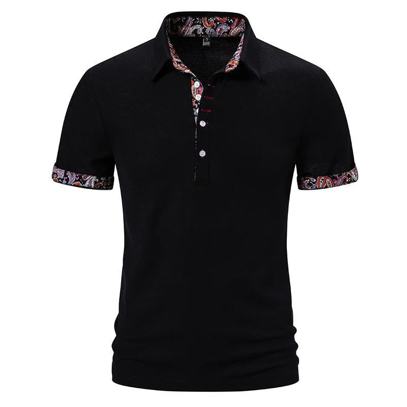 Men's navy blue polo shirt with white stitching on the turnover collar and short sleeves.