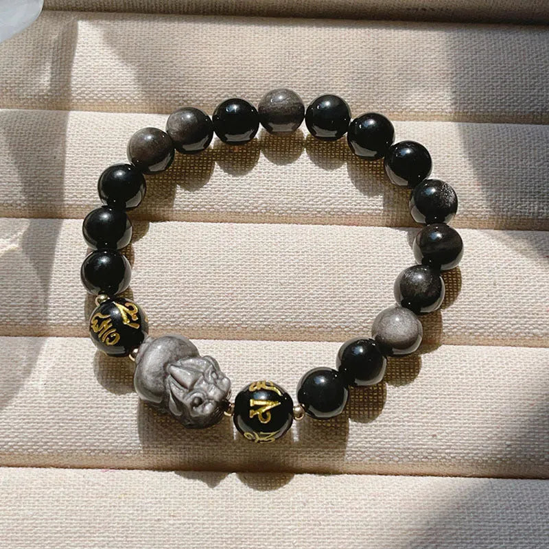 Men's natural silver stone zodiac bracelet with Chinese proverb beads