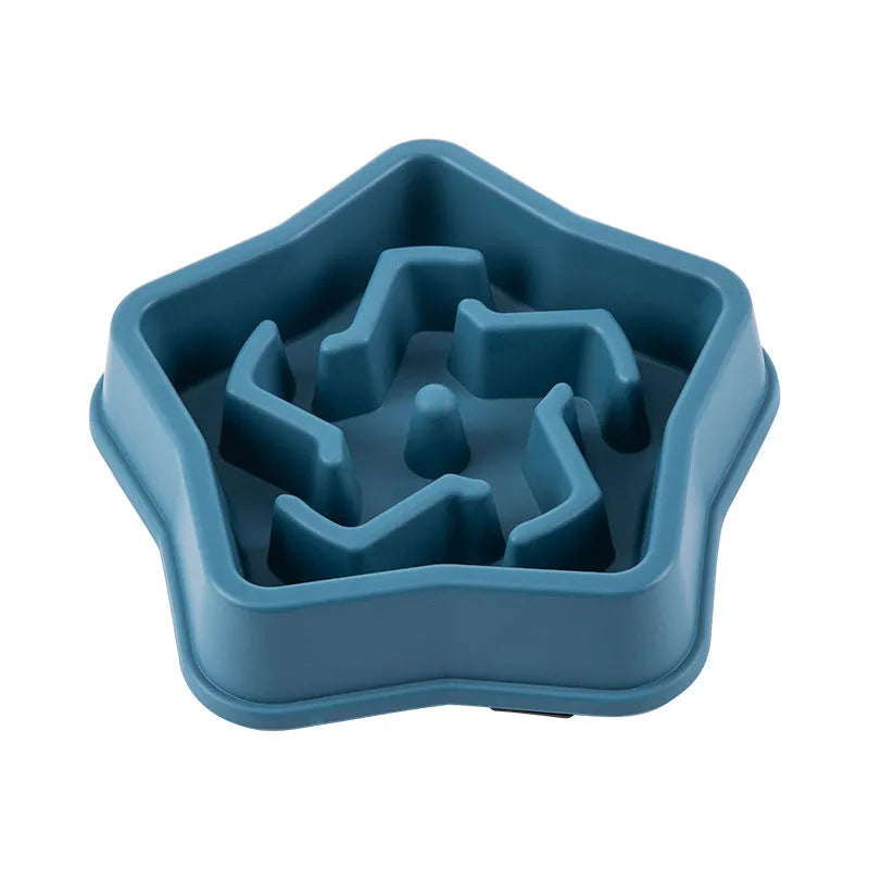 Yellow plastic dog slow feeding bowl with textured bottom for choking prevention