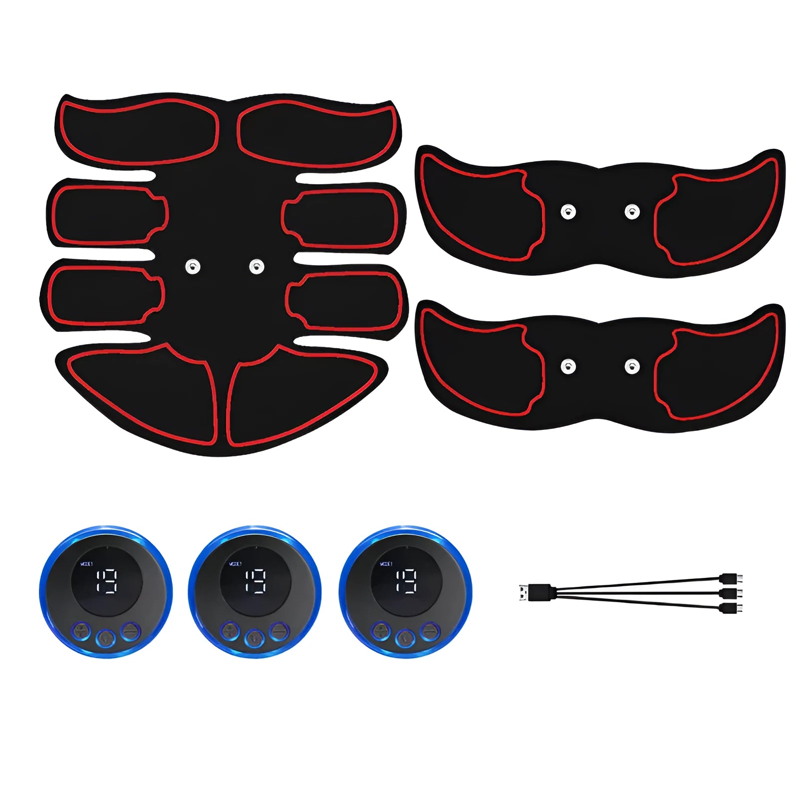 Abdominal muscle patch with digital display showing eight-belly three-piece design in red, blue, or yellow edge options.
