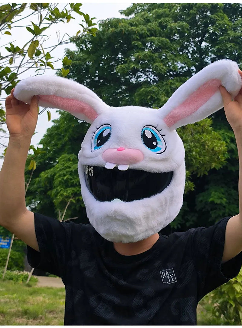 White decorative rabbit head helmet cover for electric scooter and motorcycle helmets