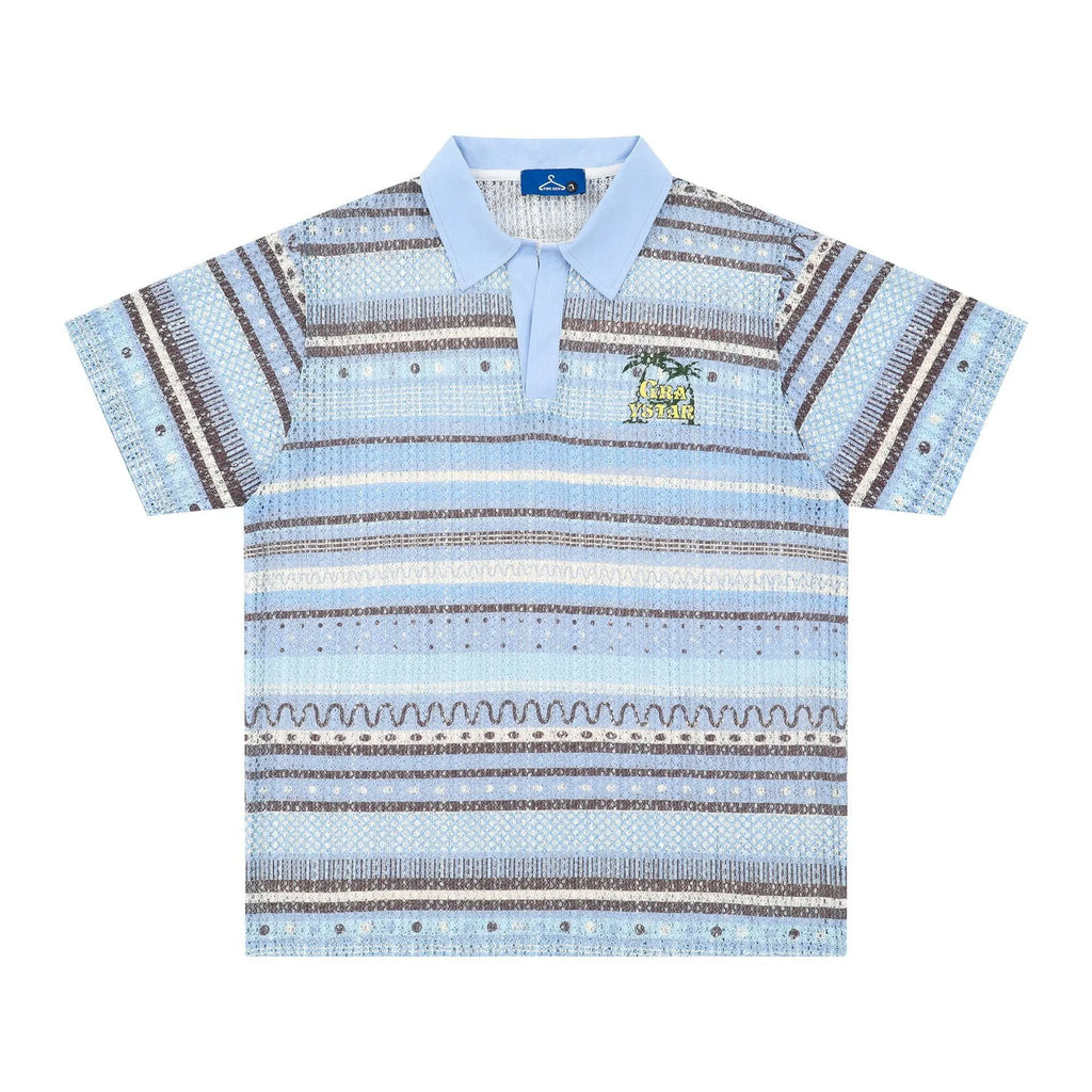 Men's blue printed short-sleeve shirt with elastic polyester fabric in loose fit