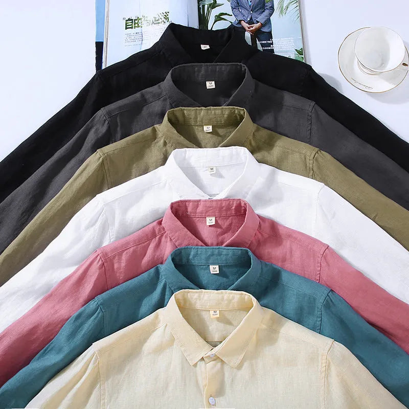 Men's linen shirt in cardigan style with long sleeves, showing solid colour options