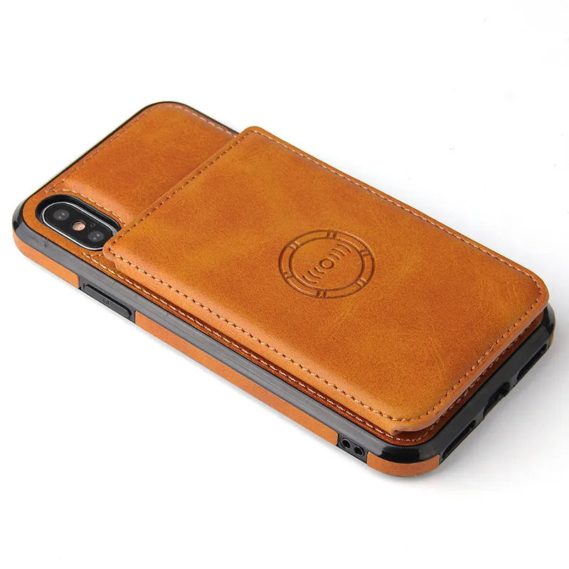 Imitation leather card wallet phone case for iPhone in multiple colour options showing card storage and back cover design