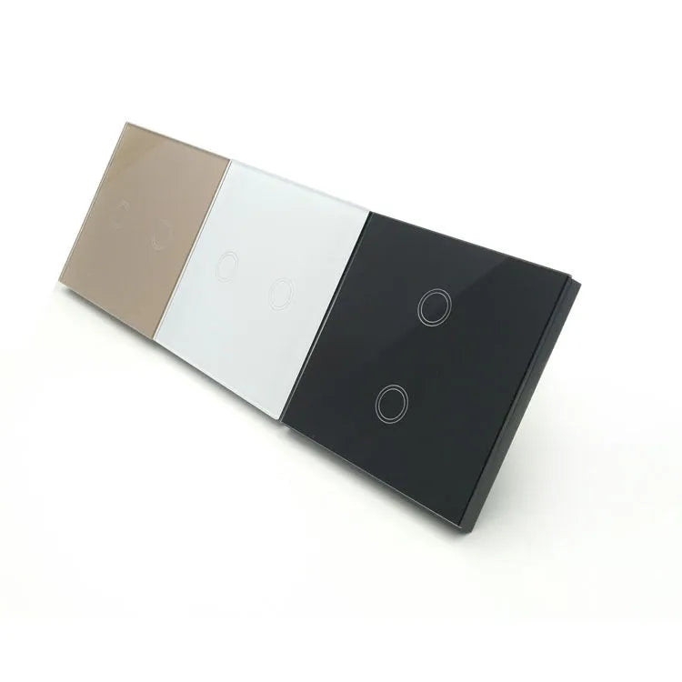 Square tempered glass touch light switch in black, gold, or white finish for wall mounting.