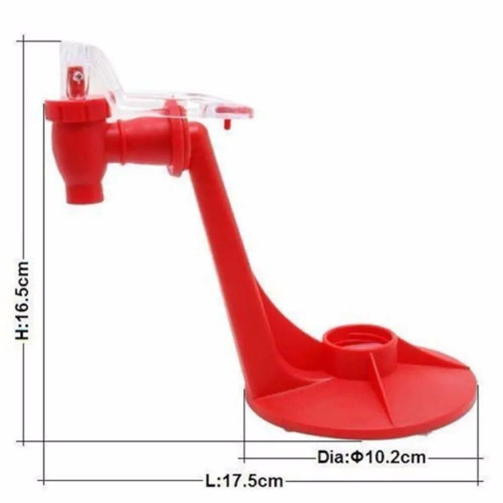 Red plastic Magic Tap soda bottle dispenser with push-button tap for 2-litre bottles.
