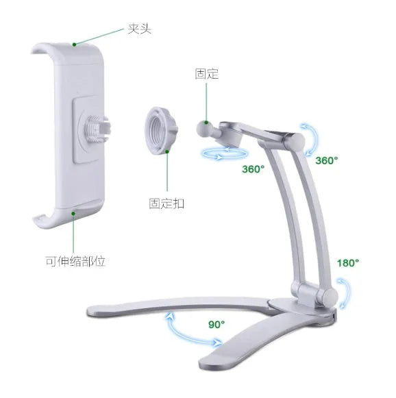Silver aluminium alloy desktop stand holding a tablet, showing its adjustable clip and mounting base.