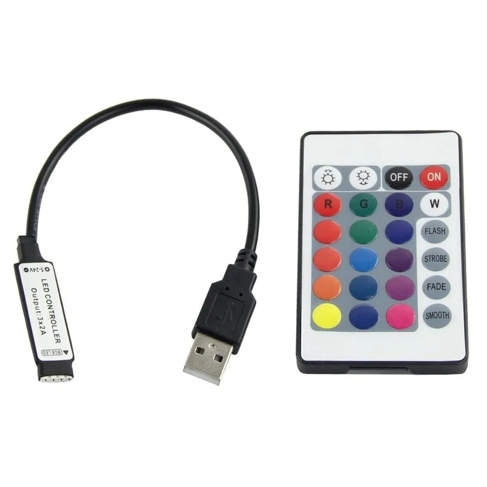 One-metre long flexible USB LED light strip showing SMD5050 LEDs, with a white USB connection cable.