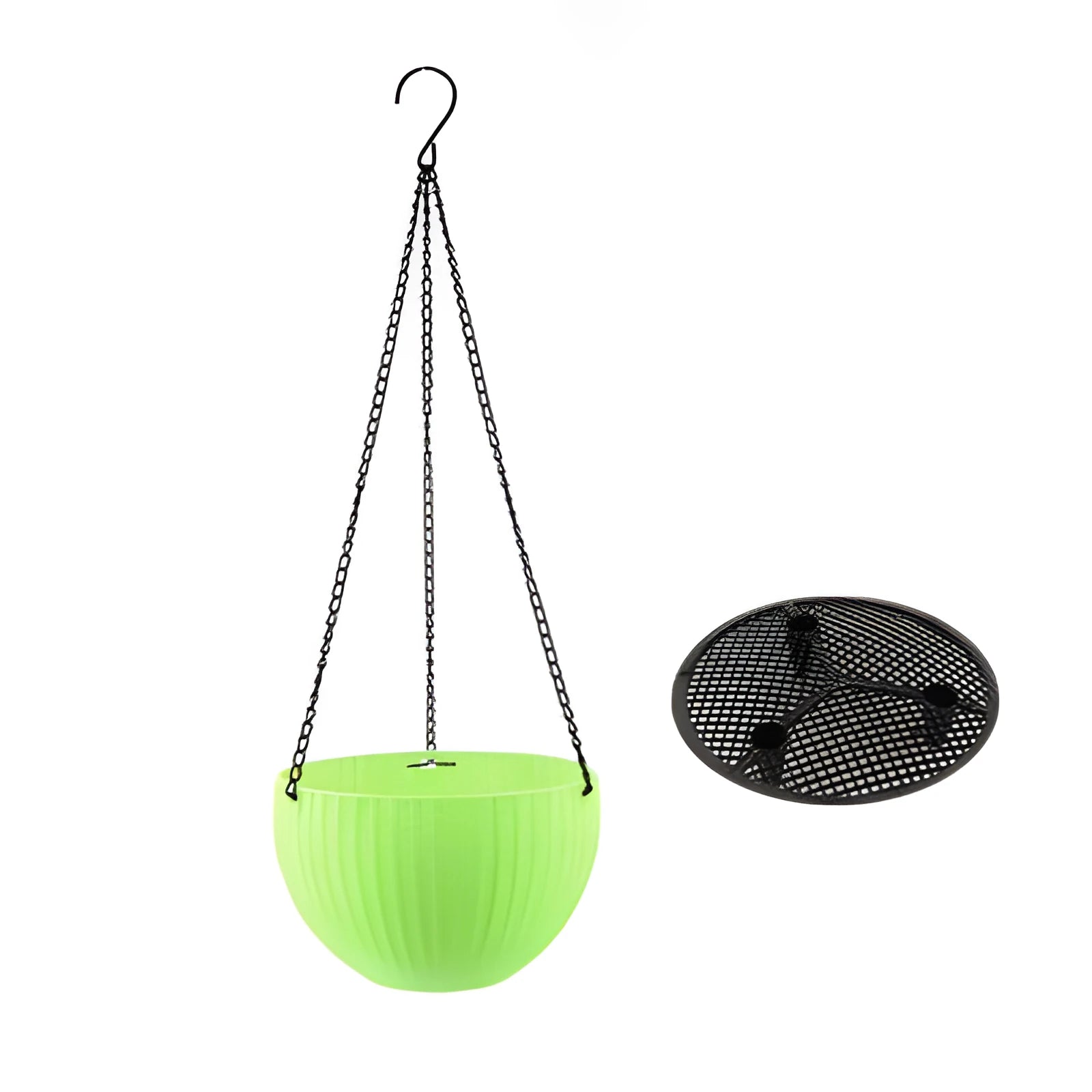 White hanging plant basket with inner tank and metal chain, showing 210mm diameter.