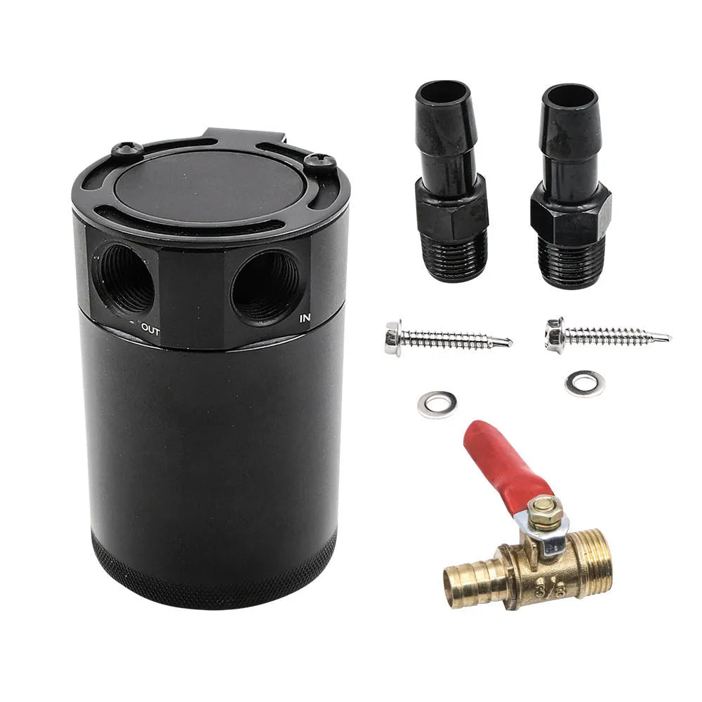Aluminium automotive oil breather pot with two mounting holes in black and silver colour options