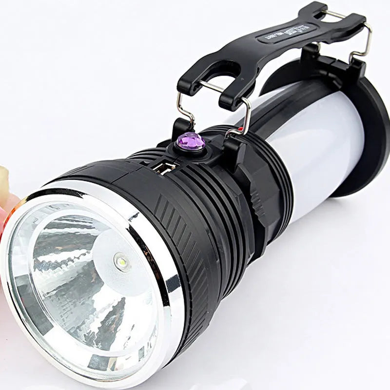 Black solar charging LED emergency flashlight with USB port and ABS plastic construction