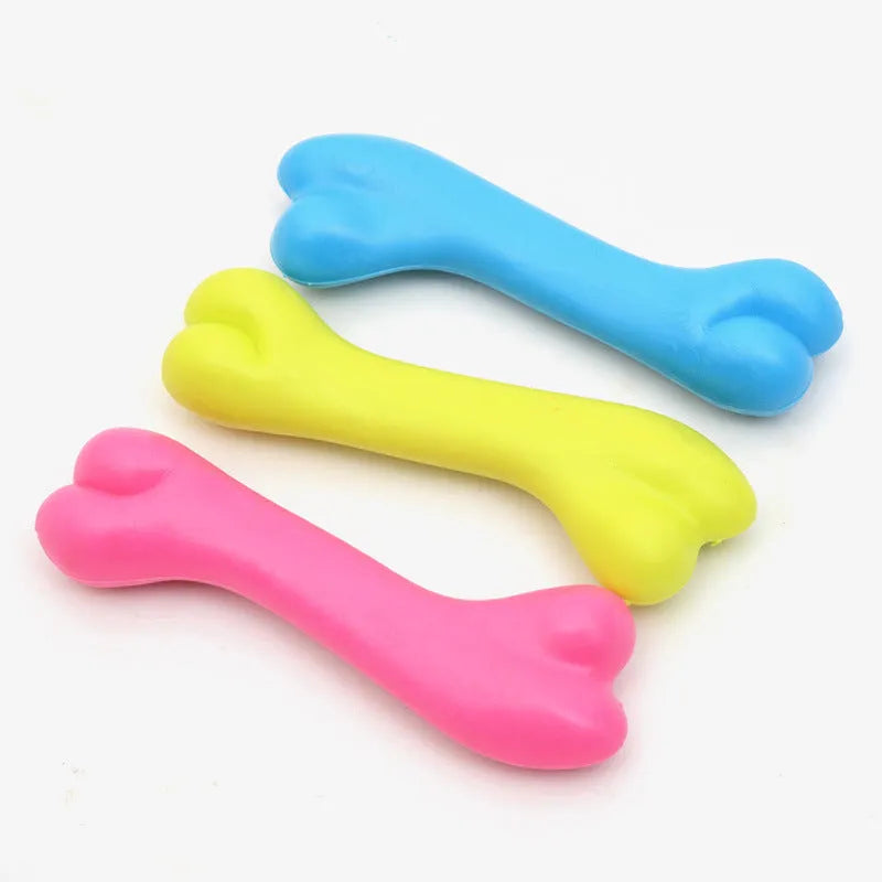 TPR rubber dog bone chew toy for puppies, 20g bite resistant molar toy in random blue, pink or yellow.
