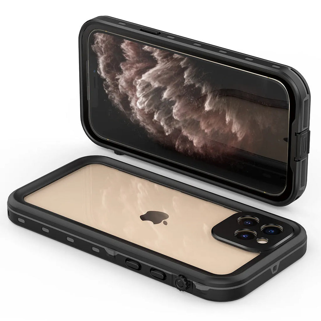 FRedpepper black waterproof shockproof case for iPhone 12 Pro Max showing port covers.