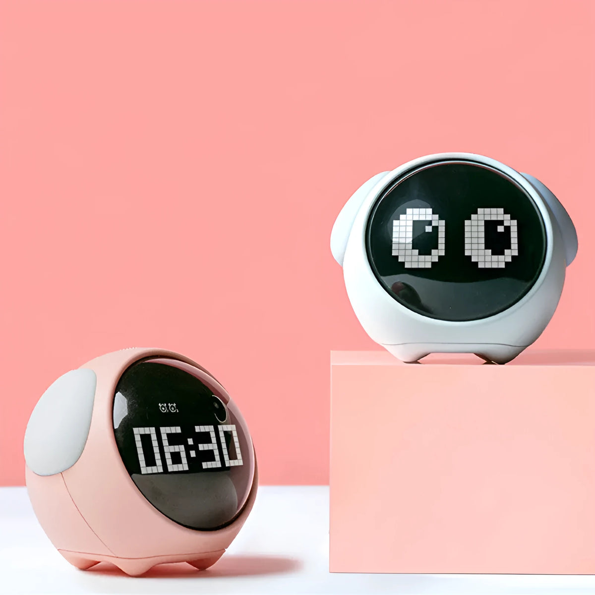 Digital alarm clock with pixel expression display, wake-up light, two alarms, snooze, in pink or white, 110x105x93mm