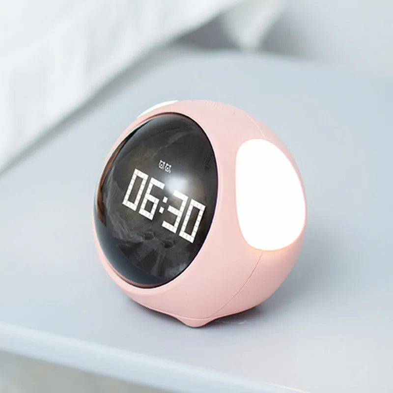 Digital alarm clock with pixel expression display, wake-up light, two alarms, snooze, in pink or white, 110x105x93mm