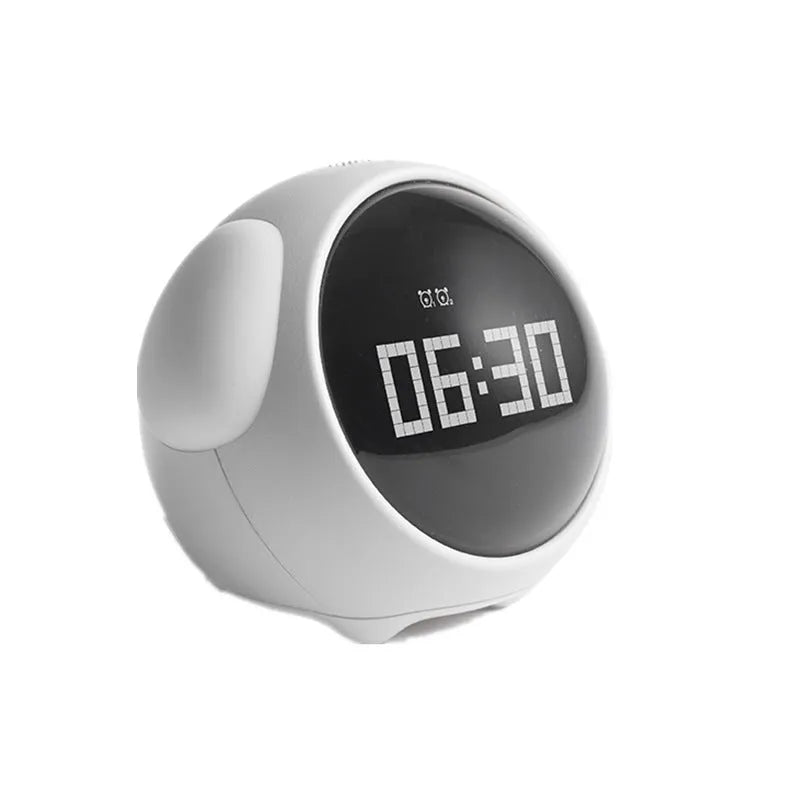 Digital alarm clock with pixel expression display, wake-up light, two alarms, snooze, in pink or white, 110x105x93mm