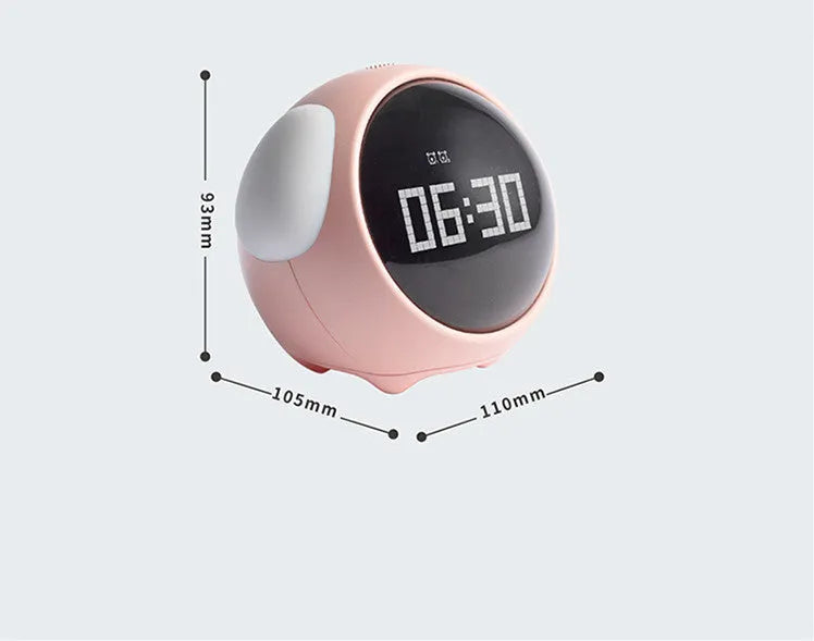 Digital alarm clock with pixel expression display, wake-up light, two alarms, snooze, in pink or white, 110x105x93mm