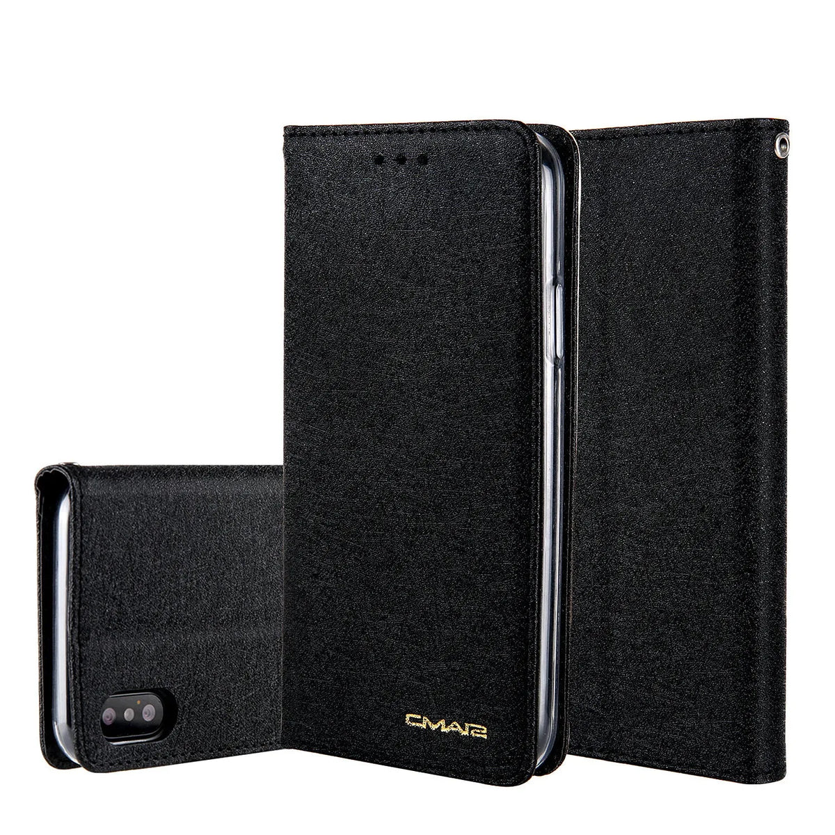 Apple iPhone flip wallet case with card slots in PU leather, shown in multiple colour options