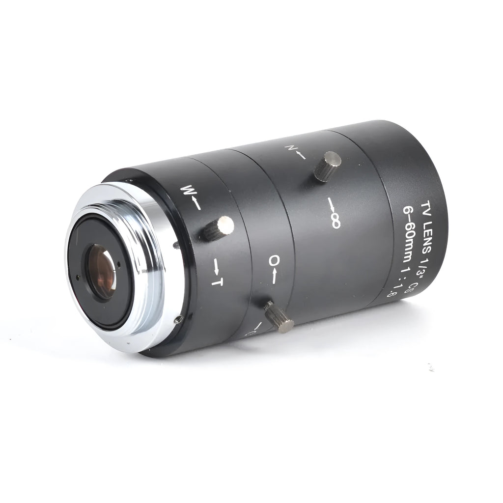 Black manual aperture 6-60mm CCTV camera lens with CS mount on a grey background