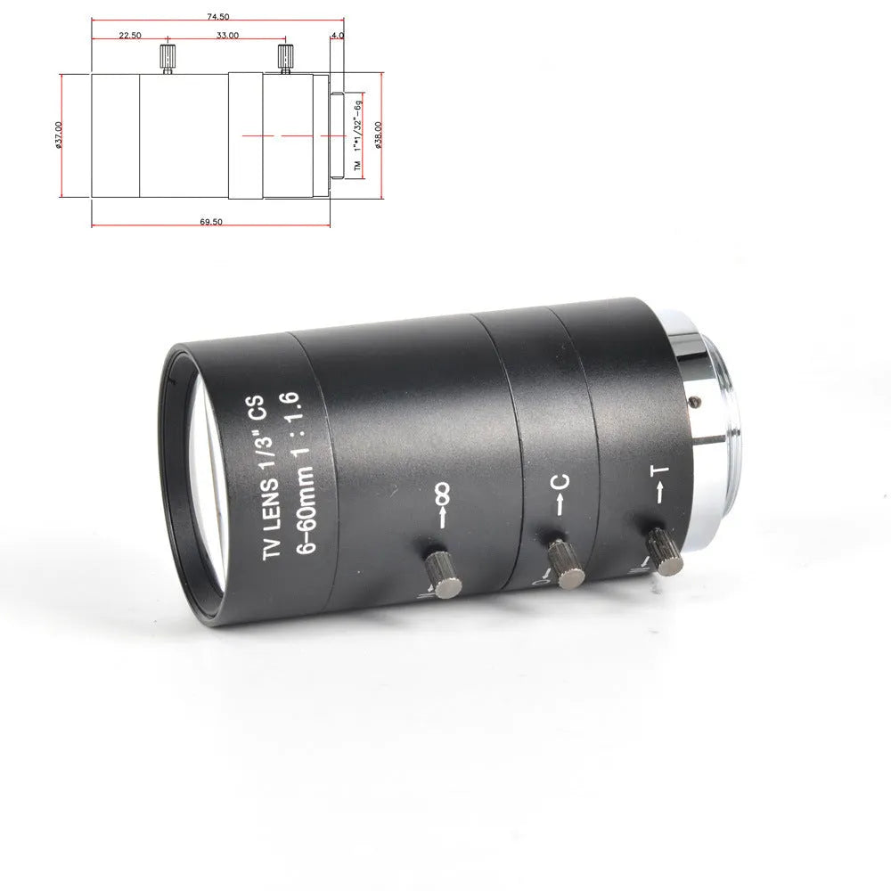 Black manual aperture 6-60mm CCTV camera lens with CS mount on a grey background