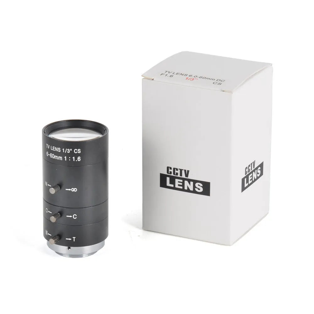 Black manual aperture 6-60mm CCTV camera lens with CS mount on a grey background