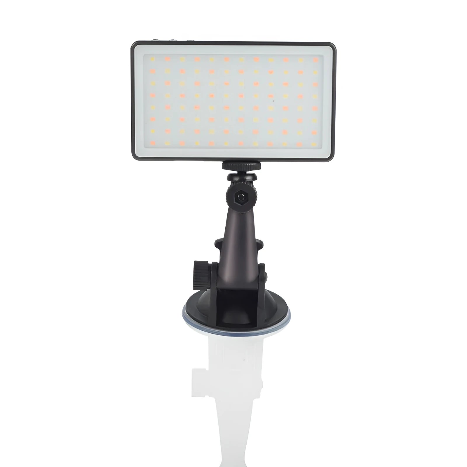 Black aluminium LED video conference light with 96 LEDs and a display screen, shown next to a laptop.