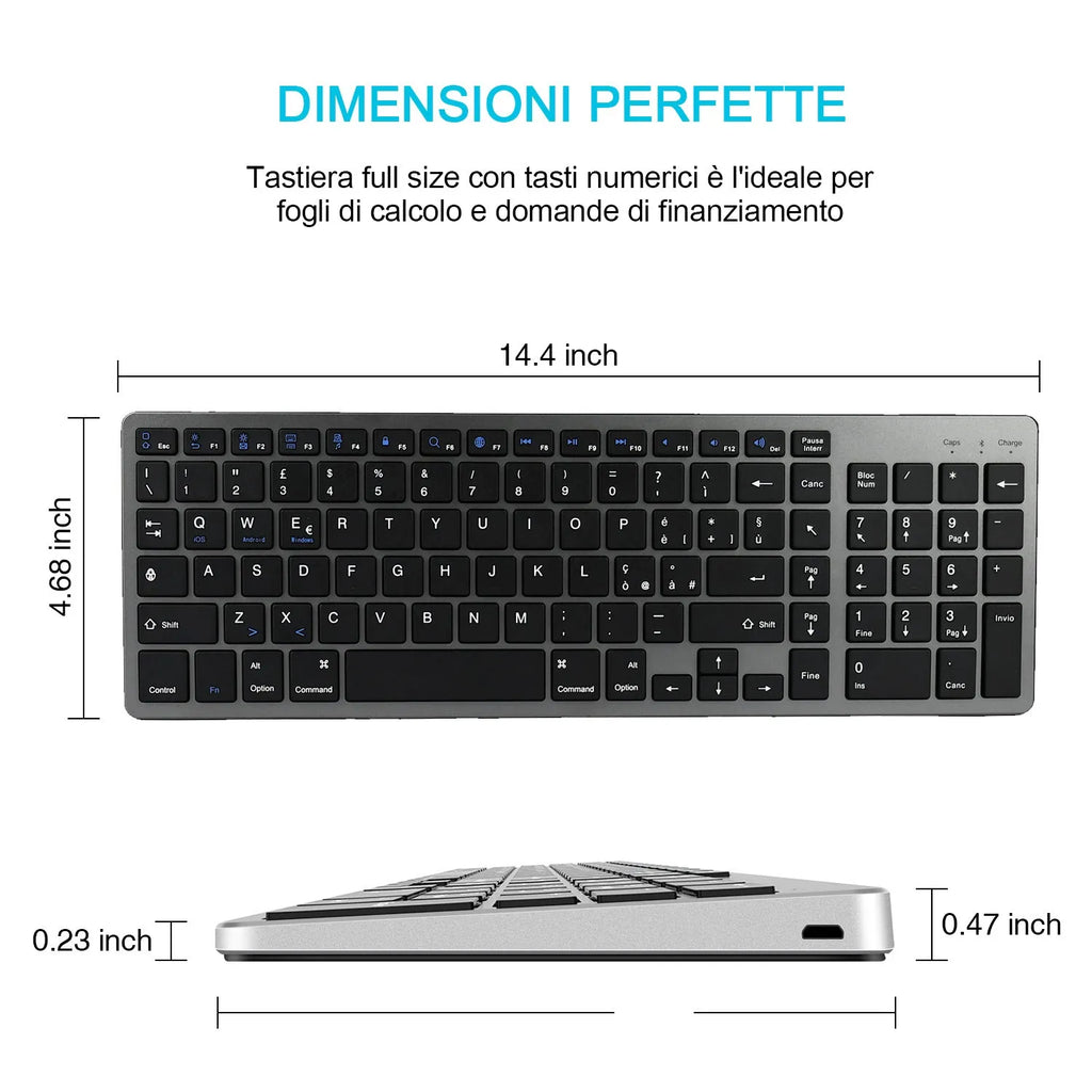 White universal Bluetooth keyboard for tablets and phones showing 104 keys and thin 13mm profile