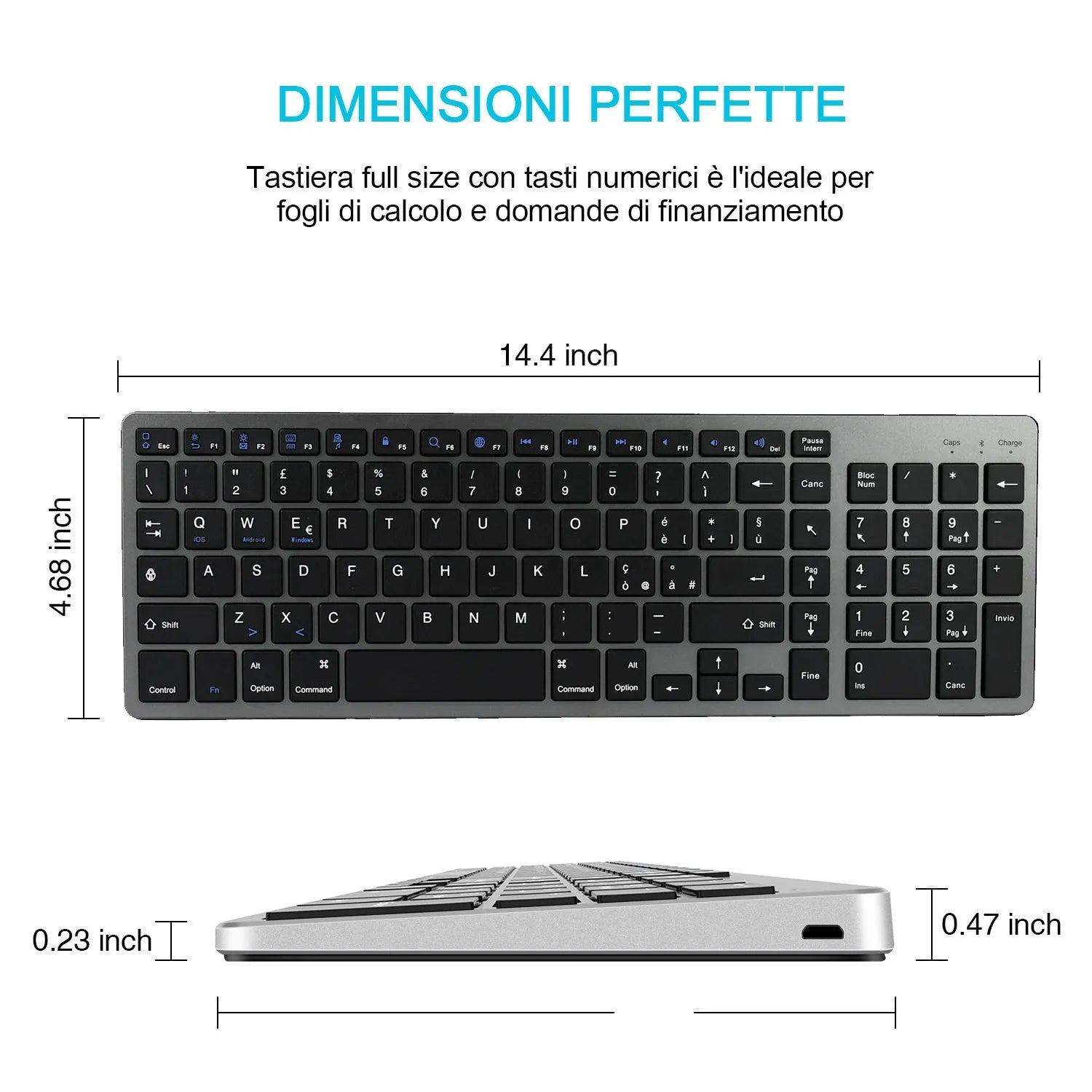 White universal Bluetooth keyboard for tablets and phones showing 104 keys and thin 13mm profile