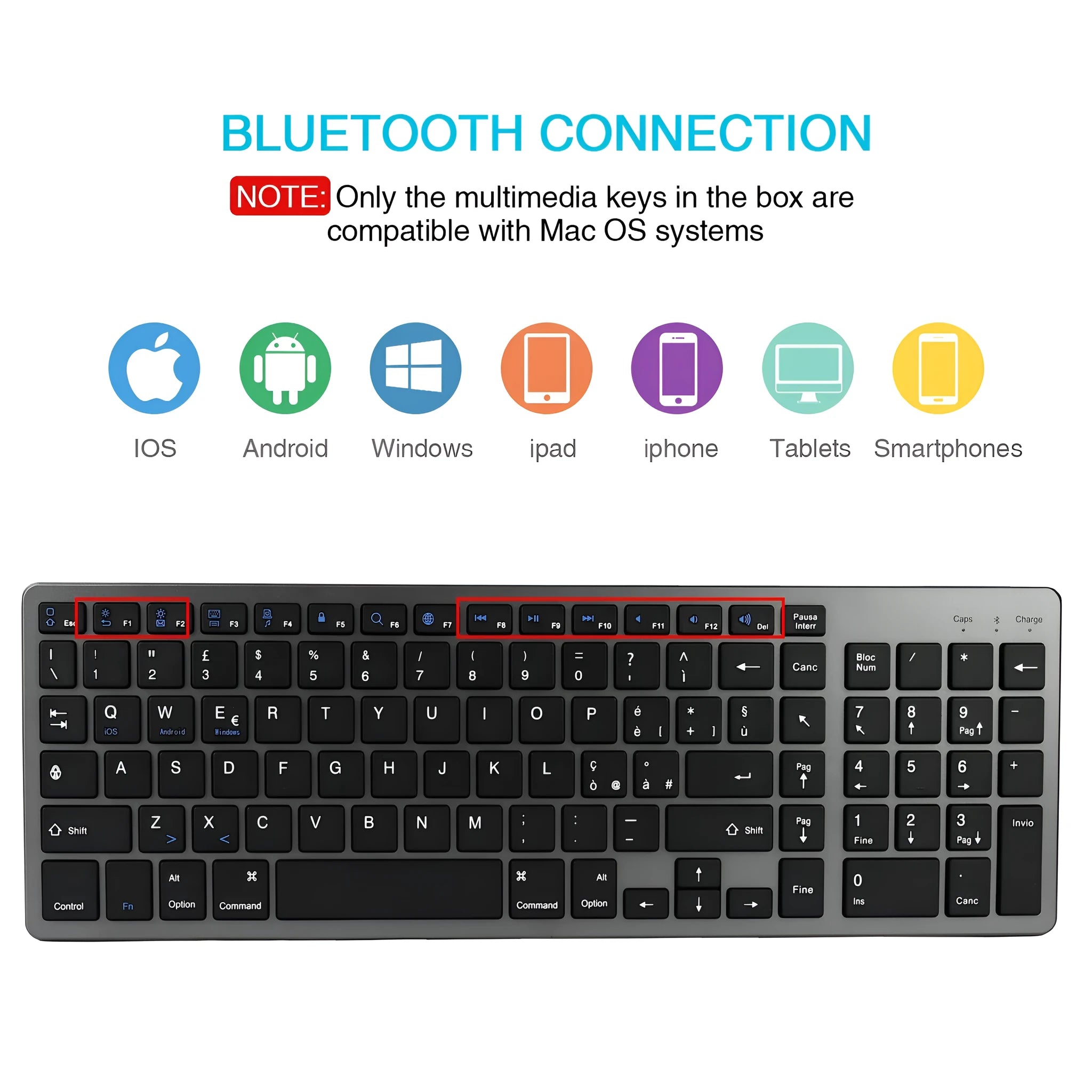 White universal Bluetooth keyboard for tablets and phones showing 104 keys and thin 13mm profile