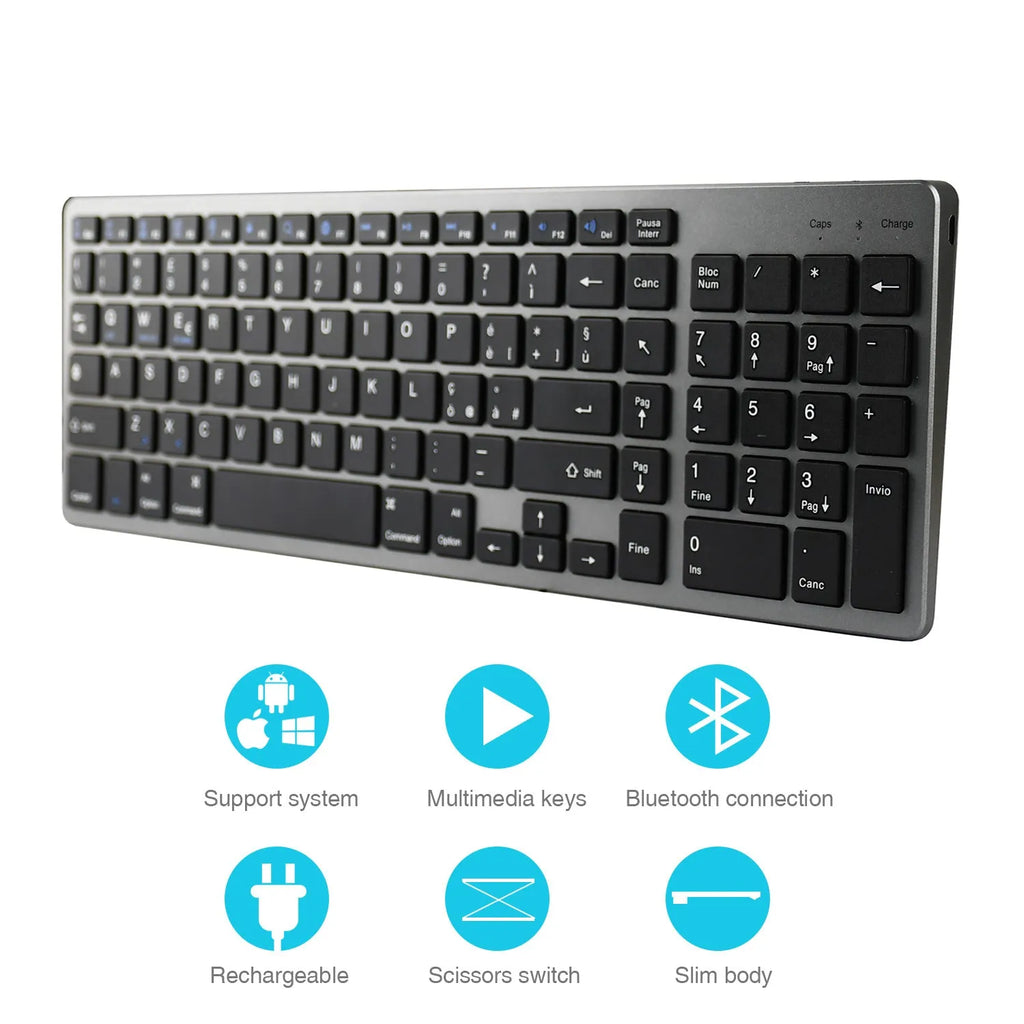 White universal Bluetooth keyboard for tablets and phones showing 104 keys and thin 13mm profile