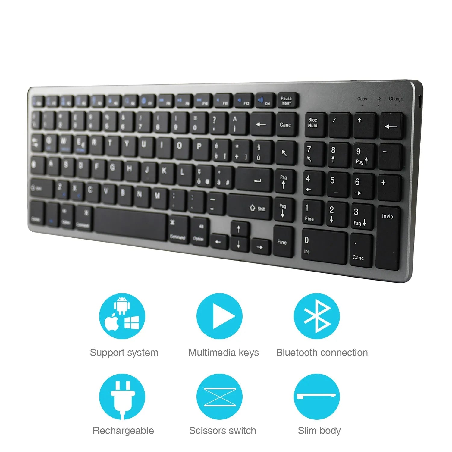White universal Bluetooth keyboard for tablets and phones showing 104 keys and thin 13mm profile
