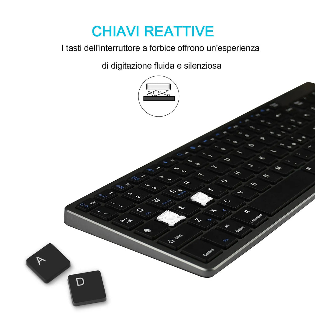 White universal Bluetooth keyboard for tablets and phones showing 104 keys and thin 13mm profile