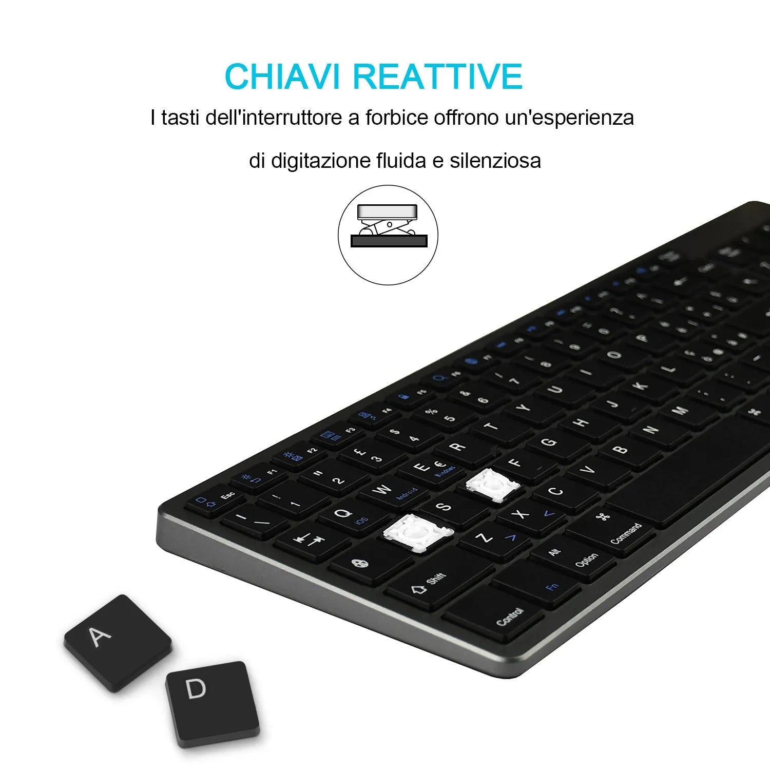 White universal Bluetooth keyboard for tablets and phones showing 104 keys and thin 13mm profile