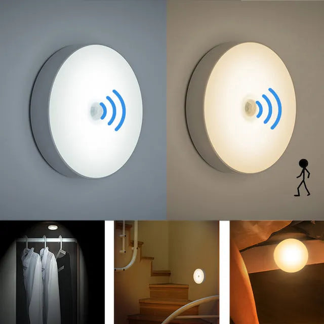 White USB rechargeable motion sensing LED night light with adhesive backing and charging cable