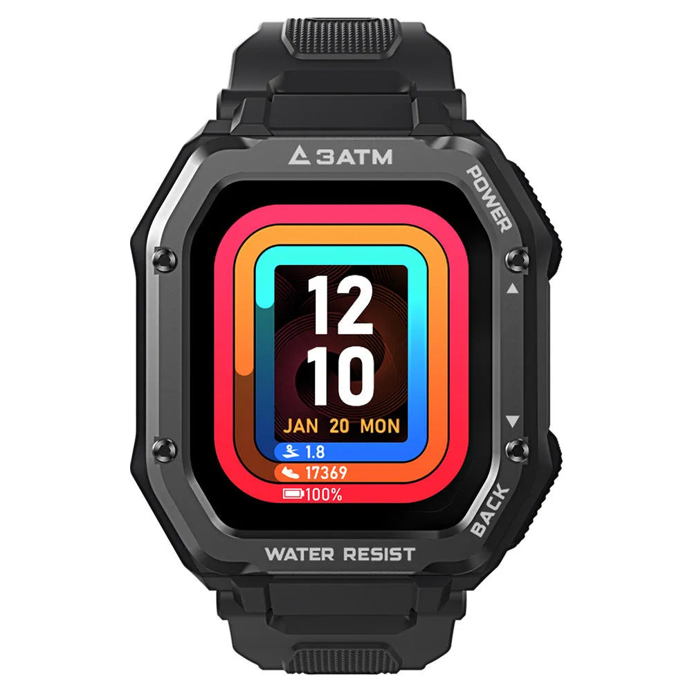Rugged outdoor smartwatch with 1.69-inch screen on a silicone strap, showing sports mode display.