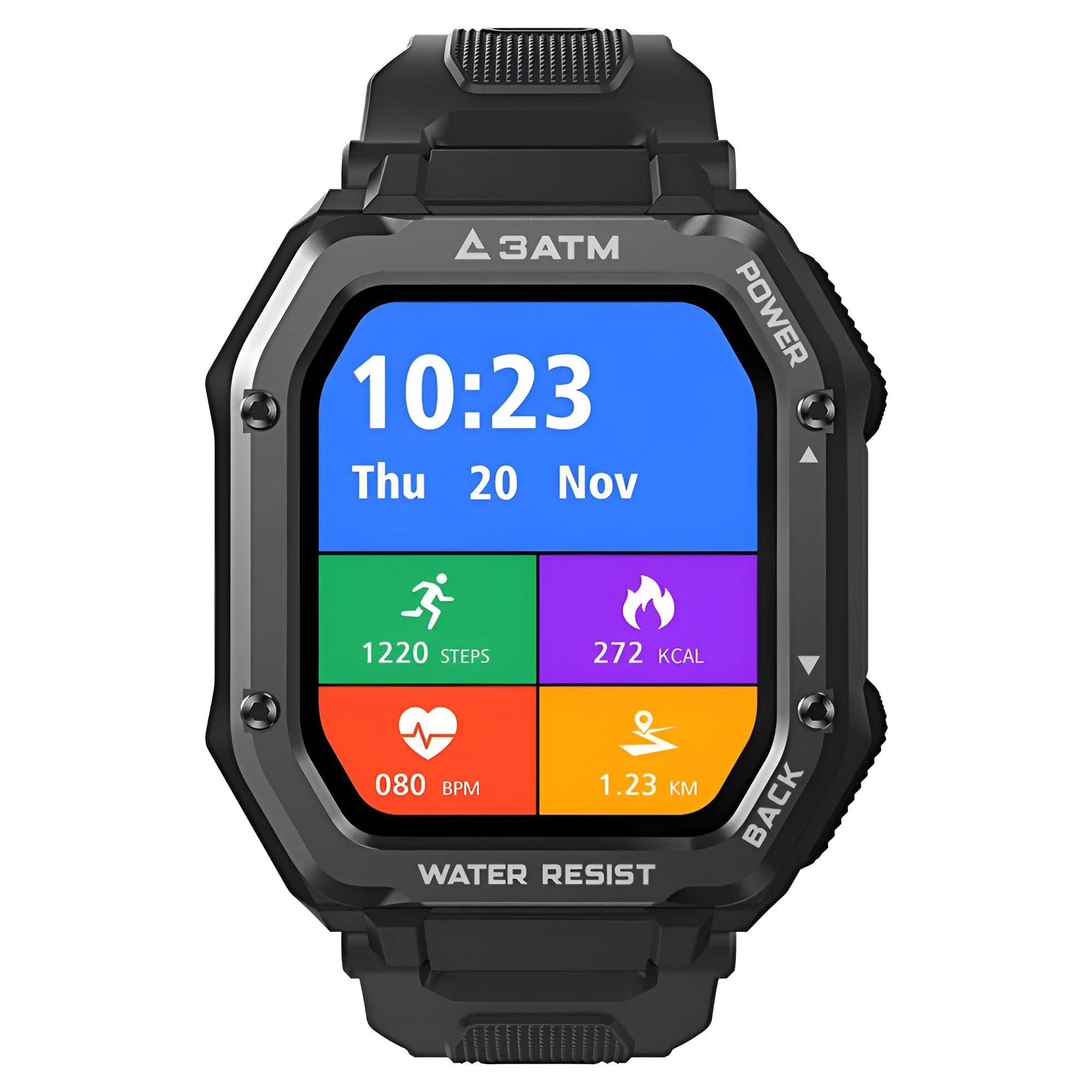 Rugged outdoor smartwatch with 1.69-inch screen on a silicone strap, showing sports mode display.